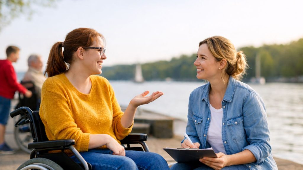 Dame i gul genser som sitter i rullestol og snakker med en blond dame i olaskjorte som skriver notater. De er ved vannet.